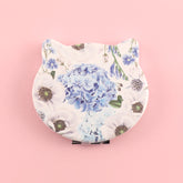 Fashionable PU Eco-Friendly Leather Printed Cosmetic Mirror, HD Glass Mirror, Plating Silver Metal Frame, Cute Cat Head Shape, Size 75*70mm, Good Gift Choice